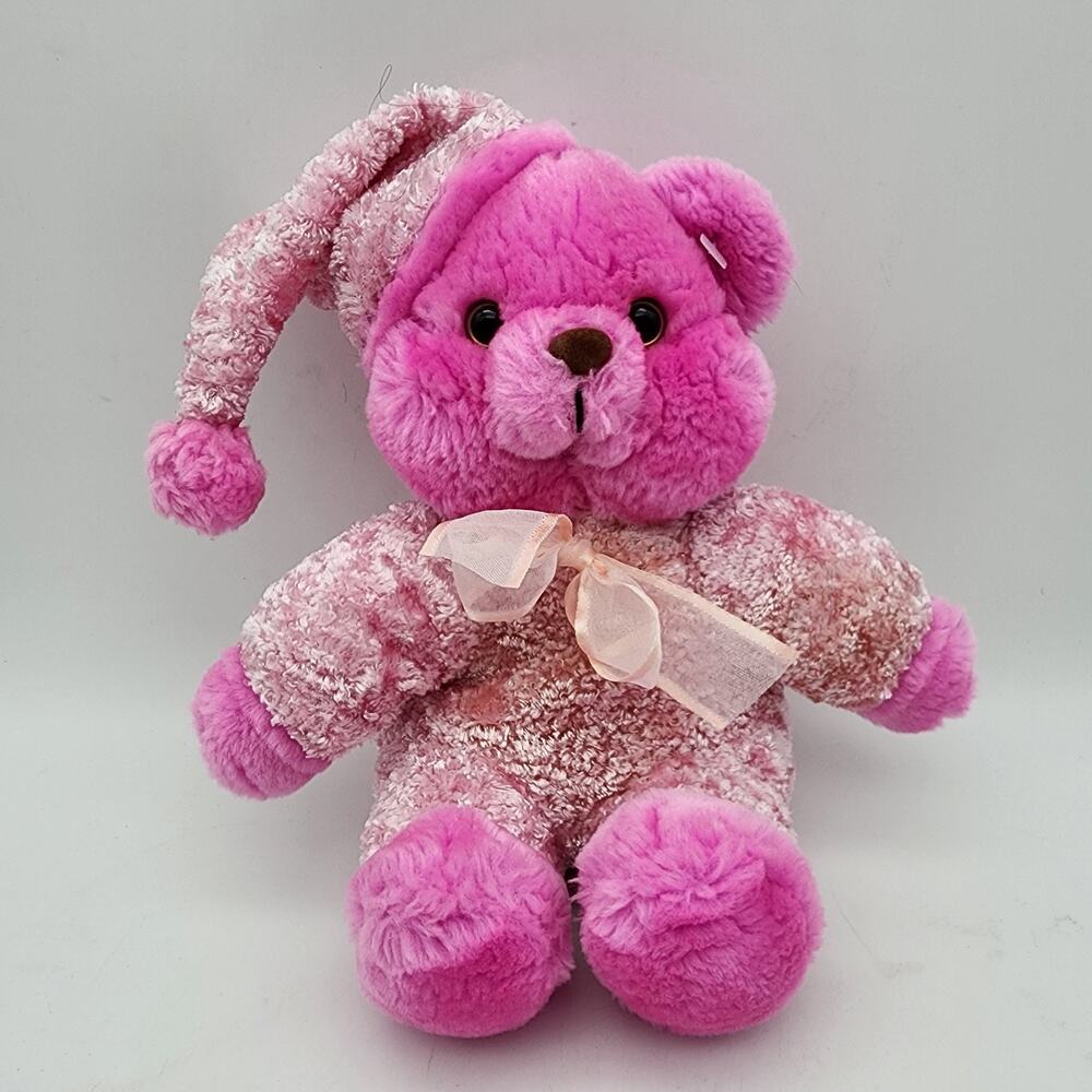 Shalom Toy Bright Pink Bear Stuffed Animal 8" Sitting Velour Hat Outfit Vintage